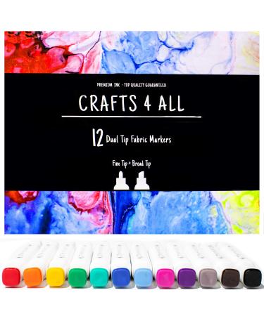 Crafts 4 All Fabric Markers Pens Permanent 12 Pack Dual Tip Minimal Bleed Rich Paint Color Pigment Fine Graffiti Fabric Pens, Child Safe & Non Toxic 1 Count (Pack of 12) Black