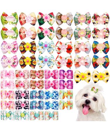JpGdn 50Pcs/25Pairs Dog Hair Bows with Rubber Band Spring Floral Pattern for Girls Female Cat Rabbit Puppy Poodle Top Knot Elastic Hair Bowknot Grooming Accessories Attachment Spring Floral 50pcs