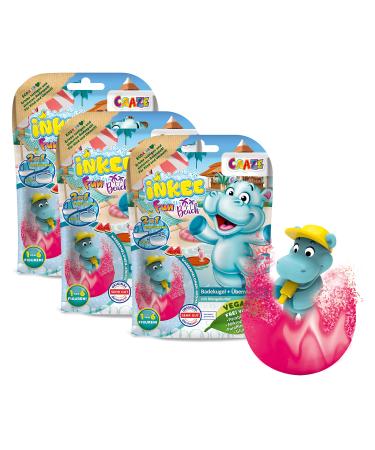 Inkee Fun Beach |3 MultiPack Bathing Bombs Children with Hippo figures 3x bathing balls children with surprise watermelon fragrance with mango butter 3x fun beach