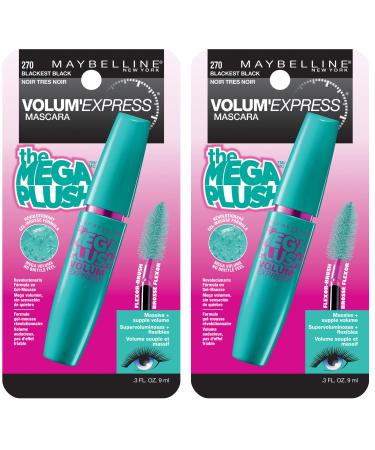 Maybelline New York Volum' Express The Mega Plush Washable Mascara Makeup Blackest Black 2 Count Washable Blackest Black