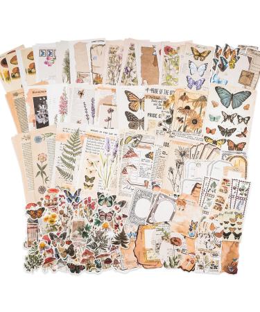 Knaid Vintage Scrapbook Supplies Pack (200 Pieces) for Junk Journal Bullet Journals Planners Botanical Paper Stickers Craft Kits Aesthetic Cottagecore Collage Album (Nature)