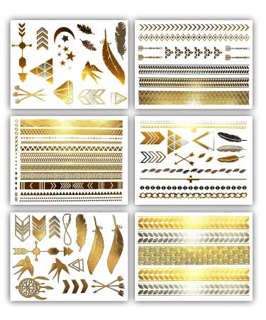 Gold Metallic Temporary Tattoos - 75+ Geometric Henna Designs Moon Stars Arrows Feathers - Waterproof, Non-toxic, Long Lasting - Ideal for Beach, Festivals & More! - Buy Online on SooperMarket.com