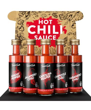 Timber Taste Chili sauce gift set 5 x 40 ml - hot sauce chili set - hot sauces gift set - Father's day gifts set for men & women - sauces male day- chilli sauces premium hot chili sauce