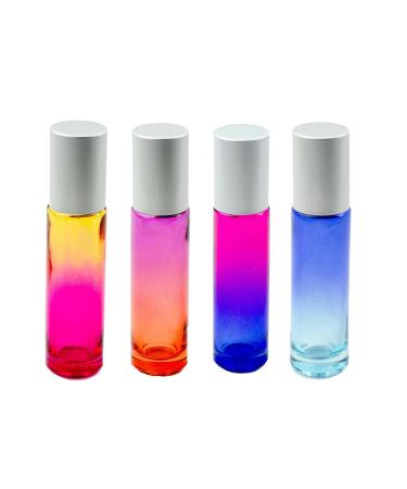Grand Parfums Upscale 10ml Glass Rainbow Ombre Gradient Roller Bottles with Matte Silver Aluminum Caps and Stainless Steel Roller Balls Set of 12