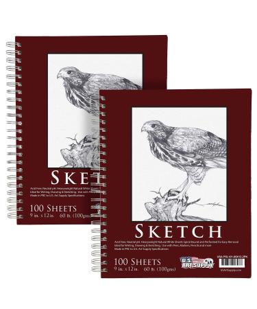 U.S. Art Supply 9" x 12" Sketch Book Pad, Pack of 2, 100 Sheets Each, 60lb (100gsm) - Spiral Bound Artist Sketching Drawing Paper Pad, Acid-Free - Graphite Colored Pencils, Charcoal - Adults, Students 9-x-12-inch