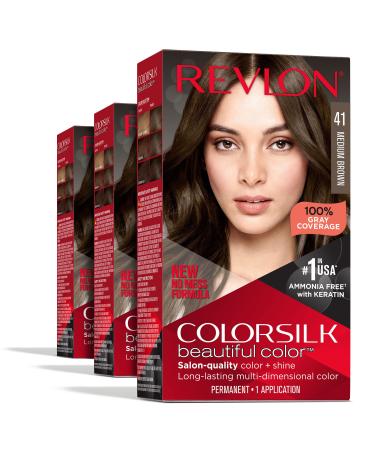 Permanent Hair Color by Revlon, Permanent Hair Dye, Colorsilk with 100% Gray Coverage, Ammonia-Free, Keratin and Amino Acids, 41 Medium Brown, 4.4 Oz (Pack of 3) 41 Medium Brown 1 Count (Pack of 3) OLD VERSION