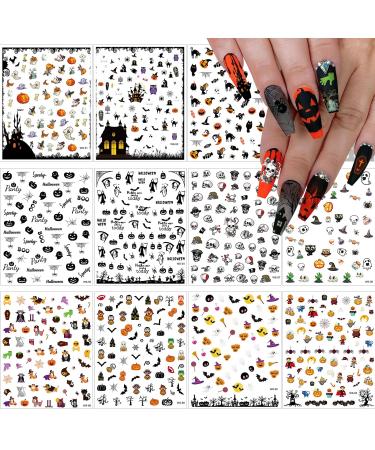Kalolary Halloween Nail Art Stickers Decals 1500+ Patterns Pumpkin Bat Ghost Witch Skull Self-Adhesive DIY Nail Sticker Decals for Halloween Party(12 Sheets)