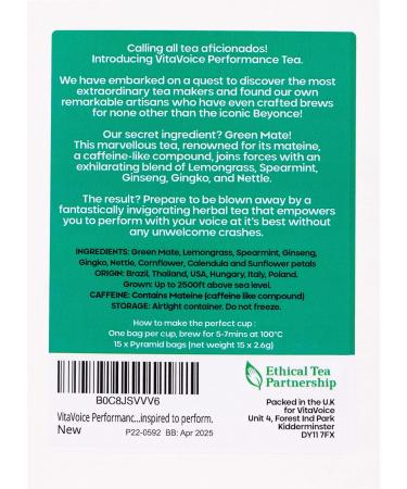 VitaVoice Performance Tea for Throat & Voice Care - Green Mate with Lemongrass, Spearmint, Ginseng, Gingko, Nettle - 15 Luxury Tea Bags - Buy Online on SooperMarket.com