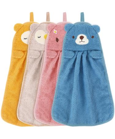 Tatuo 4 pieces of children Hand towel sweet animal washcloths microfiber absorbing towels fast -drying face scarves with hanging loops for kitchens and bathrooms