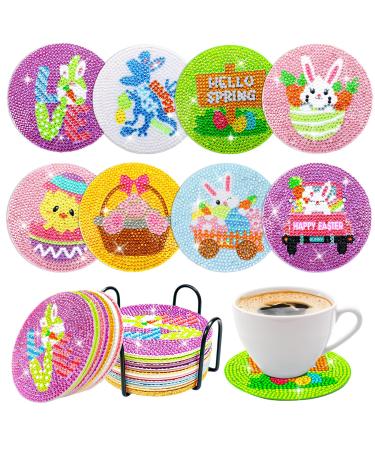 Mczan 8 Pcs Easter Diamond Painting Coasters with Holder  Coasters DIY Diamond Art Crafts for Adults  Diamond Painting Art Coasters Kits and Crafts for Adults  Beginners & Kids - Easter Diamond Painting Coasters-2