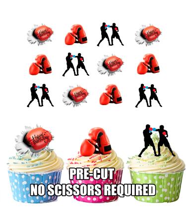 Boxing Gloves Happy Birthday Mix- 12 Edible Wafer Cake Toppers Stand UP STANDUPS