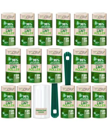 Lint Rollers 95% Recycled 16 Rolls (24 Sheets) + 2 Handles + Cover. Post-Consume Plastic Lint Remover for cat and Dog Hair Extra Sticky pet Hair Remover Extra-sticky
