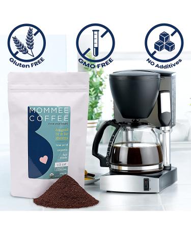 Mommee Coffee Half Caf Ground Low Acid Organic Coffee - Smooth Caramel Flavor - Medium Grind for Drip - 11 oz Pack of 1 - Buy Online on SooperMarket.com