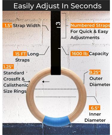 Adjustable Wooden Gymnastic Rings - Non-Slip 1.25 Olympic Rings 1600lbs - 15ft Numbered Straps - Quick Install Buckle - Ideal for Pull Ups, Cross-Training and Home Gym Workout - Buy Online on SooperMarket.com