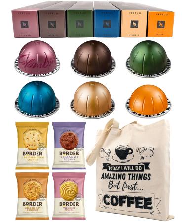 Nespresso Vertuo Coffee Capsules Selection - Inizio Colombia Intenso Stormio Melozio & Odacio - 6 Boxes (60 Pods) Bundled with Border Biscuits & Giftable Tote Bag