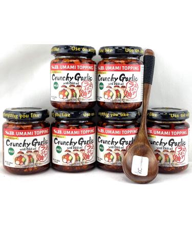 S&B Chili Oil With Crunchhy Garlic 3.9oz Pack of 6 Bundle with FREE KC Commerce Wodden Spoon