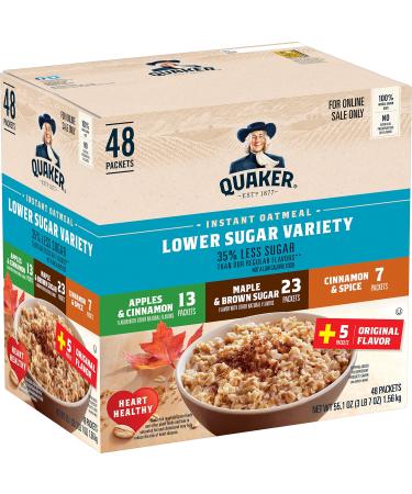 Quaker Instant Oatmeal, Lower Sugar, 4 Flavor Variety Pack, Individual Packets, 48 Count