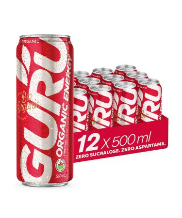 GURU Organic Energy Drink - Original - Enhance your physical and mental Energy - Plant Based Ingredients - Non-GMO - Healthy Energy - Vegan - Low Sugar - Natural Caffeine - 500 ml (Pack of 12)