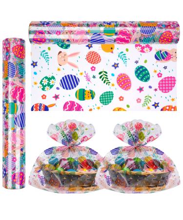 Cellophane Wrap Roll Easter Design (100 Ft. Long X 32 in. Wide) 2.3 Mil Easter Cellophane Bags Thick Crystal Clear with Special Easter Eggs Rabbit Cellophane Bags For Flower Wrapping, Gift Basket Wrap Cellophane for Easter Gift Wrapping
