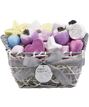Fathers Day Basket Bath Bombs Gift Set for Women  17 Large Bath Fizzies in Assorted Colors  Shapes & Scents  Bath and Body Spa Set with Shea & Coco Butter  Ultra Rich Spa set in Handmade Weaved Basket