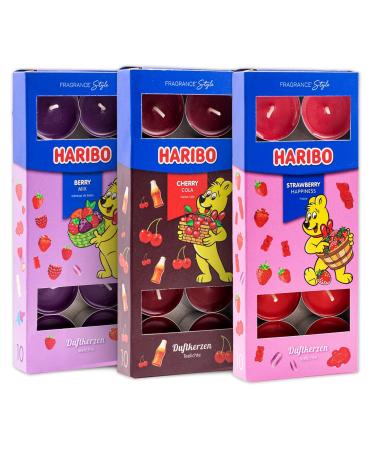 Haribo Tea Lights Trio Set All Year - Berry Mix Cherry Cola & Strawberry Happiness 30 Pieces (3 x 10) - Scented Candles with 4-6 Hours Burn Time Mood Lighting for Home