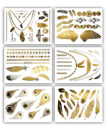Terra Tattoos Gold Silver & Black Metallic Temporary Tats 75+ Egyptian Designs Feathers  Wings  Arrows Waterproof Nontoxic Long Lasting Perfect for Beach  Festivals  & more!