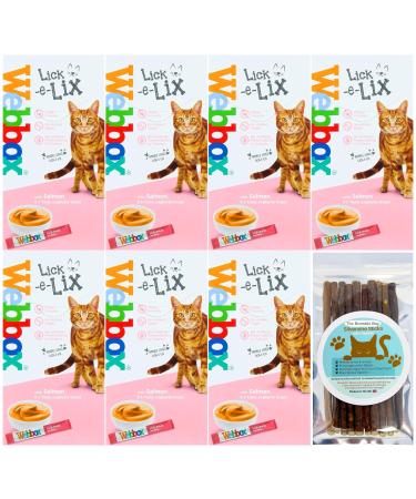 Cat Treats bundle contains Lick e Lix Salmon Webbox Licky Lix Kitten Treats and Snacks Lick-e-Lix Pack of 7 x 5's - Total 35 x 15g sachets and our Silvervine Chew Sticks