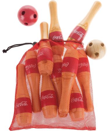 Hey!Play! Coca-Cola Lawn Bowling Game/Skittle Ball Set - Indoor and Outdoor Fun for All Ages - 10 Wooden Pins, 2 Balls, and Mesh Bag - 8-Inch - Buy Online on SooperMarket.com