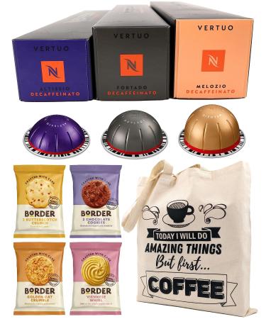 Nespresso Vertuo Coffee Capsules Decaffeinated Selection - Altissio Fortado & Melozio Decaffeinato 3 Boxes (30 Pods) Bundled with Border Biscuits & Giftable Tote Bag