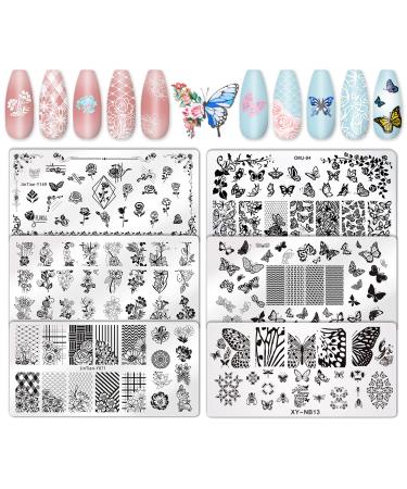 Whaline 6Pcs Flower Butterfly Nail Art Plates Rectangular Floral Stamping Plates Butterfly Image Stamp Templates Stamping Kit for Women Spring Summer DIY Print Manicure Salon Design Gift