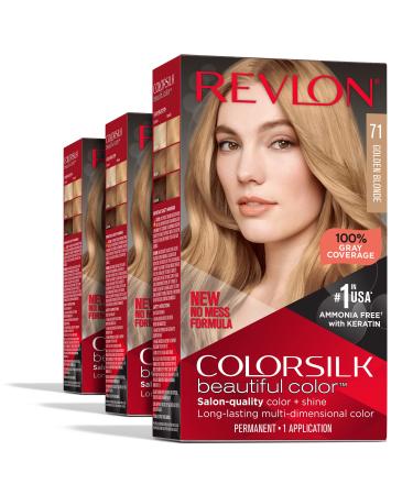 Permanent Hair Color by Revlon Permanent Hair Dye Colorsilk with 100% Gray Coverage Ammonia-Free Keratin and Amino Acids 071 Golden Blonde (Pack of 3)