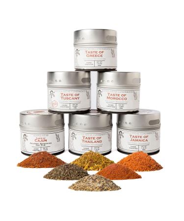 Gourmet World Flavors Seasoning Collection | Non GMO Verified | 6 Magnetic Tins | Spice Blends | Crafted in Small Batches by Gustus Vitae | #68