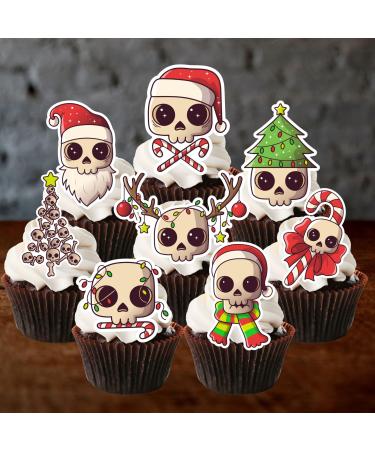 PRECUT Christmas Skull Cupcake Toppers Edible Skull Cake Decorations Christmas Skull Decorations Christmas Skull Cake Topper (12)