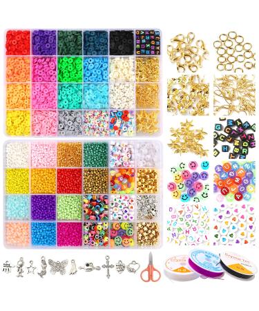 8378pcs 3mm Glass Seed Beads Flat Clay Beads for Jewelry Making, Assorted Colors Bracelet Beads with Letter Alphabet Bead Smile Face Evil Eye Gold Round Spacer Star Kids Beads Charms Kit for Girls