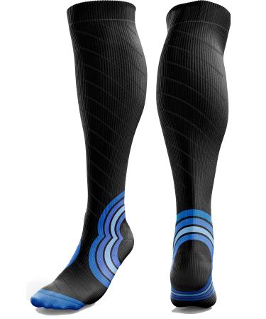 aZengear Compression Socks (20-30mmHg) Anti DVT Air Flying Knee-High Flight Travel Stockings Swollen Legs Varicose Veins Running Shin Splints Calf Pressure Support Sports XXL Black w/Blue