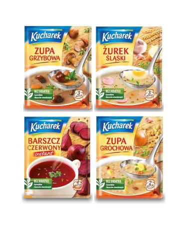 Kucharek SOUP mix of 8: SILESIAN SOUR SOUP (zurek Slaski) 2x46 g, RED BORSCH,NSTANT (barszcz czerwony) 2x48 g, MUSHROOM SOUP (zupa grzybowa) 2x42 g, PEA SOUP (zupa grochowa) 2x45 g.