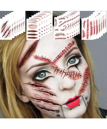 EGMBGM 128+ PCS Halloween Fake Stitches Temporary Tattoos Kit | 3D Zombie Makeup for Adults & Kids | Scary Chucky Scars & Blood Face Stickers - Buy Online on SooperMarket.com
