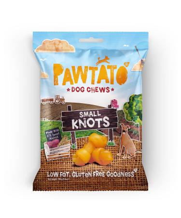 Pawtato Vegan dog chews Small Knots. Natural rawhide alternative dog treat. Low fat plant based hypoallergenic sweet potato chews 150g