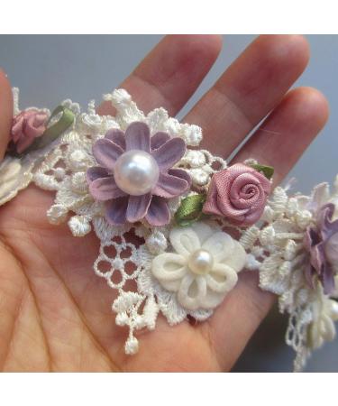 1 Yard Vintage Style Flower Pearl Beads Lace Trim Ribbon - Apricot Wedding Dress Embellishment - Buy Online on SooperMarket.com