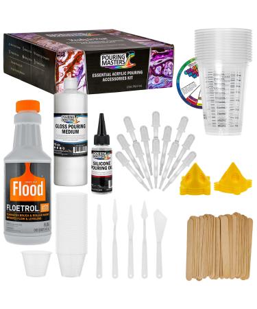 U.S. Art Supply - 1 Quart Floetrol Additive Pouring Supply Paint Medium Deluxe Kit for Mixing  Epoxy  Resin - Silicone Oil 1 and 10 Ounce Plastic Cups  Mini Painting Stands  Sticks  Pallete Knifes