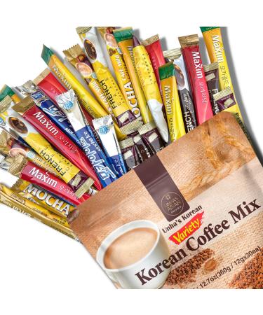 Instant Coffee Mix Packets Single Serve - Korean Variety Coffee Sampler 30 Sticks of 6 Different Flavors Assortment Maxim Mocha White Mocha Hazelnut Original Maxim French Caf Total 30 Count