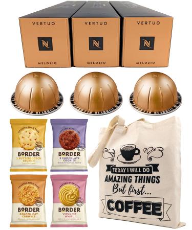 Nespresso Vertuo Coffee Capsules - Melozio - 3 Boxes (30 Pods) Bundled with Border Biscuits Selection & Giftable Tote Bag