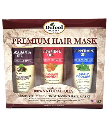 Difeel Premium Hair Mask 3-PC Set for Revitalizing Cleansing & Strength - Macadamia Oil Hair Mask 8oz Vitamin E Hair Mask 8oz & Peppermint Hair Mask 8oz