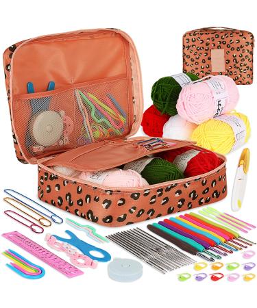 Coopay Crochet Kit Beginners Crochet Hook Set with Crochet Yarn 58PCS Portable Crochet Set with Ergonomic Crochet Hooks Small Crochet Hooks Travel Crochet Hook Case Full Knitting Crochet Supplies Leopard Print - Case