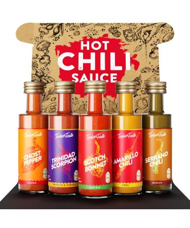 Timber Taste Chili sauce gift set 5 x 40 ml |Exotic hot sauce chili set |Sharp sauces gift set |Gifts for men & women |Sharp gifts Father's Day |Chili saucen exotic hot chili sauce