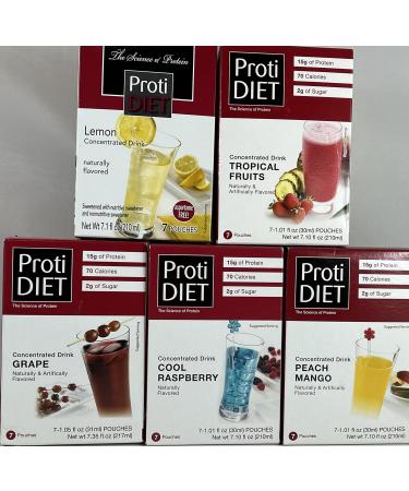 Being Well Essentials PROTI Diet Concentrated Collagen Variety Pack - 35 Servings - 7 Each: Grape Lemon Tropical Fruit Peach/Mango & Cool Raspberry