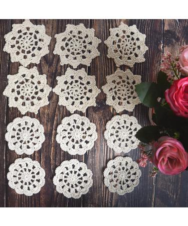 TOSSEY 12PCS Mini Vintage Handmade Crochet Doilies Flowers 100% Cotton Crochet Doilies Appliques Patches for Clothing Headbands Hats Gift Package Need (Beige) Beige 3"