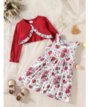 Puseky Toddler Girl 2-Piece Floral Dress & Ribbed Cardigan Set, 5-6 Years, Wine Red - Buy Online on SooperMarket.com