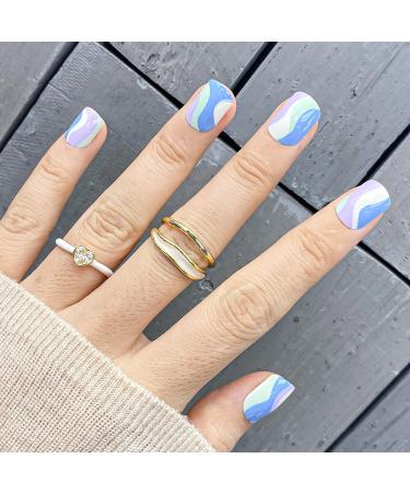 Novo Ovo Short Corner Oval Press On Nails - Purple White Green Strudel - Lavender Stick Artificial Fingernails with Glue for Valentine's Day | International Shipping - Buy Online on SooperMarket.com