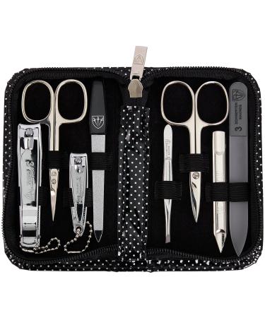 3 Swords Germany - brand quality 8 piece manicure pedicure grooming kit set for professional finger & toe nail care scissors clipper fashion leather case in gift box Made by 3 Swords (000446) BLACK - SILVER SPOTS